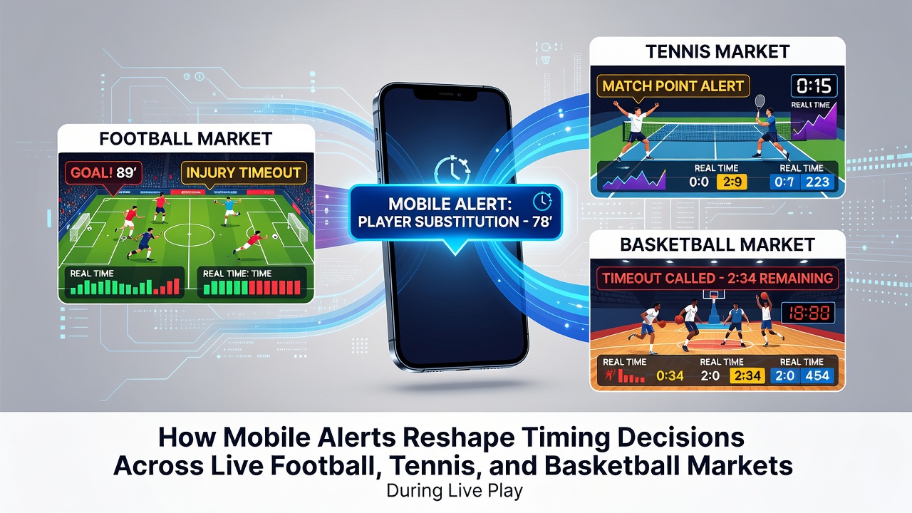 Split-screen view of football, tennis and basketball live betting dashboards with alert notifications active